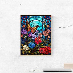 DIY Stained Glass Butterfly Flower Diamond Art Painting Kits,Butterfly Floral Diamond Paintings 5D Diamonds Pictures Gem Art Painting Gift
