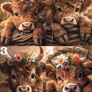 May include: Four images of a brown and white Highland cow with a flower crown. Each image has a number in the top left corner, 1 through 4.