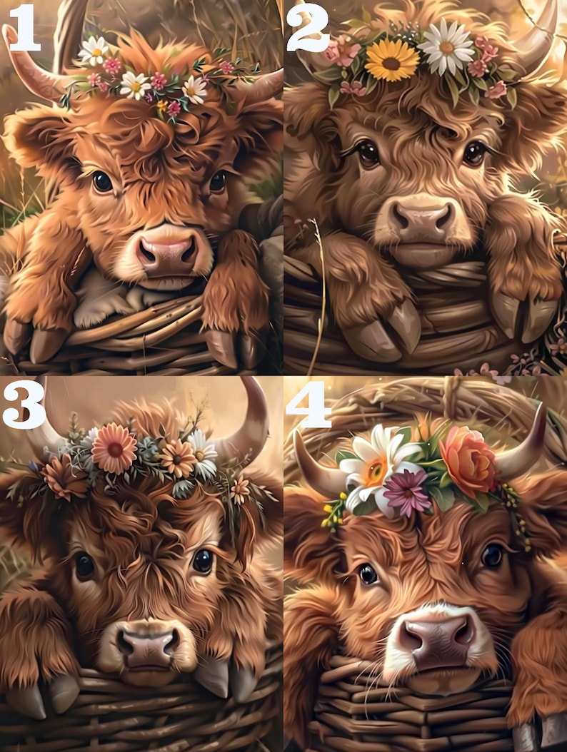 May include: Four images of a brown and white Highland cow with a flower crown. Each image has a number in the top left corner, 1 through 4.