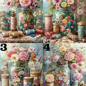 May include: A still life painting of four jars filled with colorful buttons, surrounded by spools of thread and flowers. The jars are on a wooden table with a light blue background.