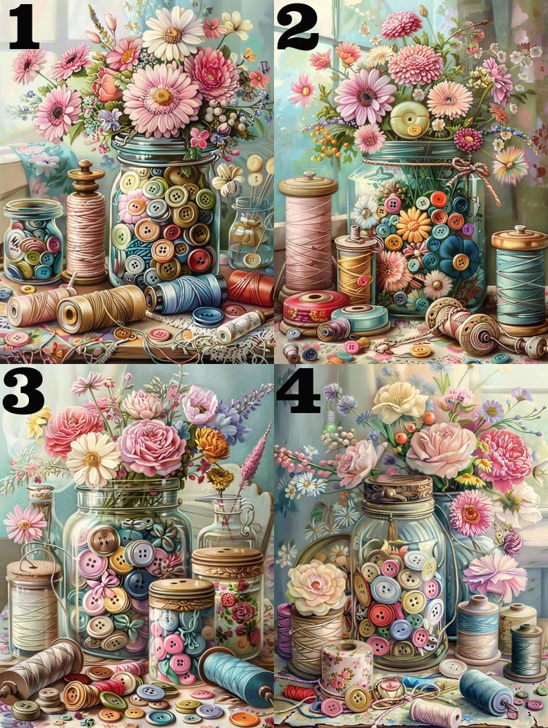 May include: A still life painting of four jars filled with colorful buttons, surrounded by spools of thread and flowers. The jars are on a wooden table with a light blue background.