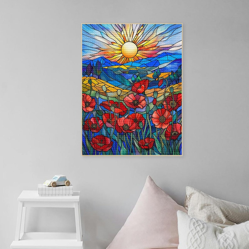 5D DIY Full Drill Stained Glass Red Poppies Diamond Painting Kits for ...
