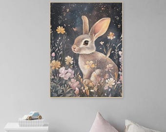 Easter Rabbit Bunny Diamond Art Painting Kits Adult,William Morris Style Rabbit Wall Art Mosaic Cross Stitch Embroidery Bunny Canvas Decor