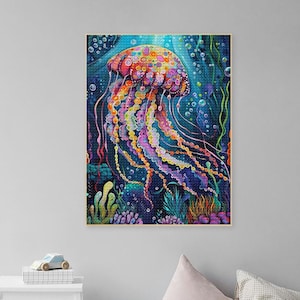 May include: A colourful painting of a jellyfish with a bright pink, yellow, and blue bell. The jellyfish is surrounded by bubbles and seaweed in shades of blue, green, and purple.