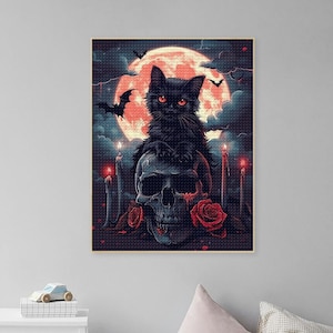 Halloween Skull Black Cat Diamond Art Painting Kits Adult,Bat Halloween Wall Art Mosaic Painting,Wall Canvas Diamond Painting,Halloween Gift