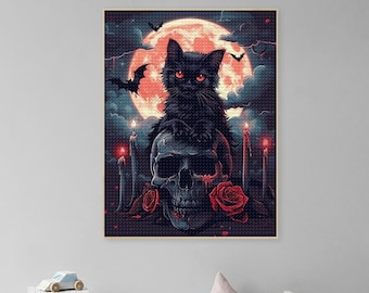 Halloween Skull Black Cat Diamond Art Painting Kits Adult,Bat Halloween Wall Art Mosaic Painting,Wall Canvas Diamond Painting,Halloween Gift