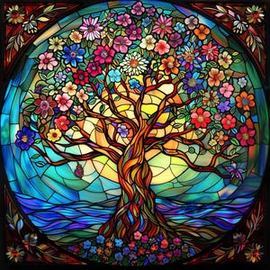 May include: A stained glass window depicting a colorful tree with a blue and green background. The tree has a thick trunk and branches with many leaves and flowers in shades of red, yellow, orange, purple, and pink.