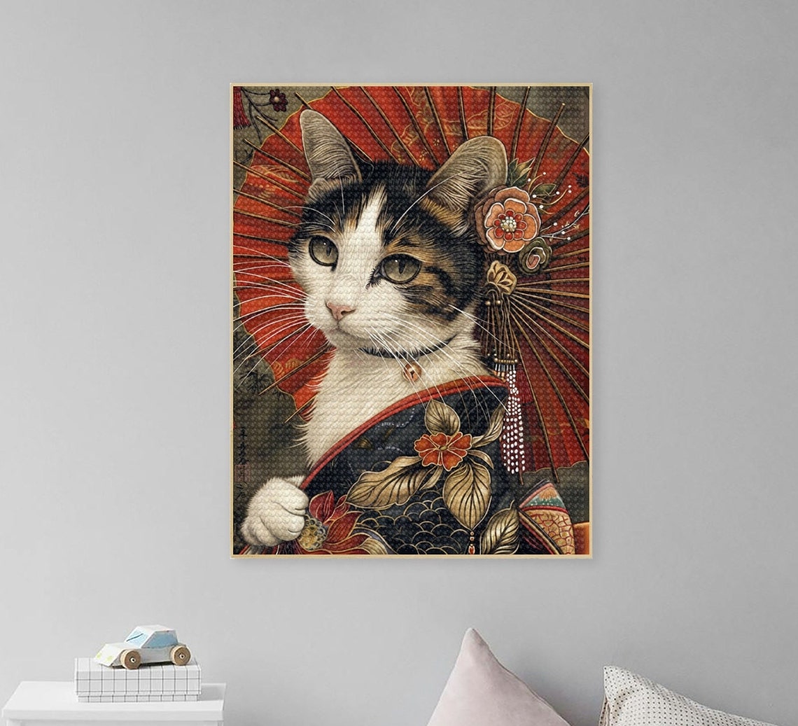 Japanese Cat in Kimono Diamond Painting Kits,japan Ukiyo Vintage Style ...