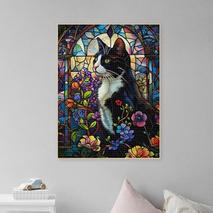 ステンドグラス ブラック キャット ダイヤモンドペインティング アートキット、猫好きへのギフト、フルドリル 5D DIY モザイクアート 5D 猫 月 蝶 野花 キャンバスペイント