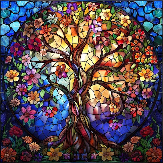 Stained Glass Life Of Tree Diamond Painting,5D DIY Full square/round Drill Life Of Tree Rhinestone Art Canvas Painting Life Of Tree Wall Art