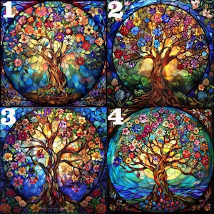 May include: Four colorful stained glass images of a tree with flowers. Each image is framed in a circle and has a number in the top left corner. The numbers are 1, 2, 3, and 4.