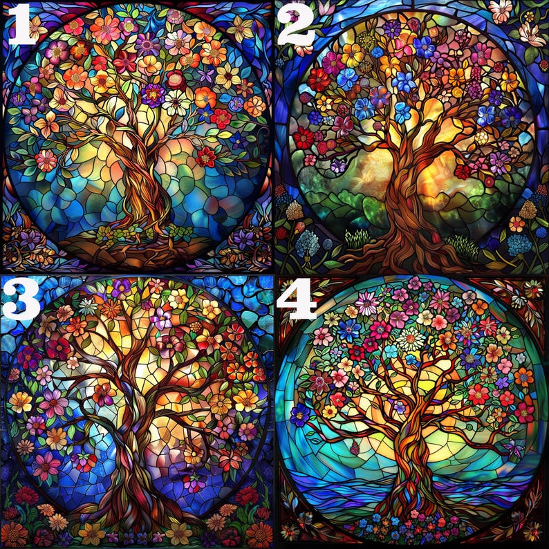 May include: Four colorful stained glass images of a tree with flowers. Each image is framed in a circle and has a number in the top left corner. The numbers are 1, 2, 3, and 4.