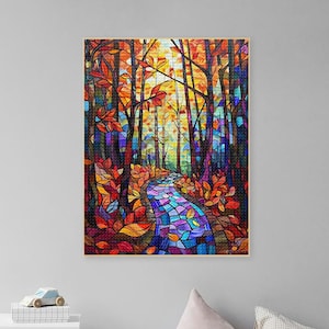 May include: A stained glass style painting of a winding path through a forest with colourful leaves. The path is made of blue, purple, and green tiles. The trees are outlined in black and have red, orange, and yellow leaves.