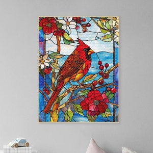 Glasmalerei-Kardinal Diamanten Malerei Kunst Kits für Erwachsene ， Kardinal Wandbehang ， DIY Kardinal Vogel Punkte 5D Farbe Edelstein Handwerk ， Weihnachtsgeschenk