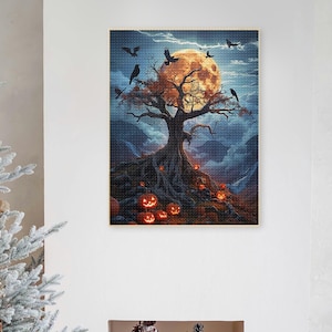 May include: A spooky Halloween-themed painting featuring a bare tree with crows perched on its branches. The tree is silhouetted against a large, full moon. The base of the tree is surrounded by glowing jack-o'-lanterns.