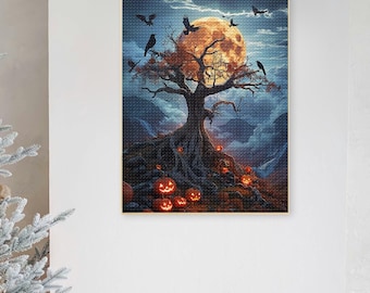 May include: A spooky Halloween-themed painting featuring a bare tree with crows perched on its branches. The tree is silhouetted against a large, full moon. The base of the tree is surrounded by glowing jack-o'-lanterns.