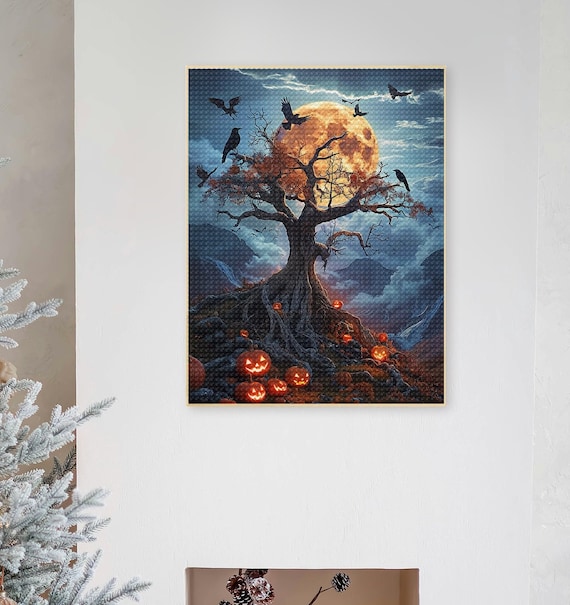 Halloween Tree Diamond Art Painting Kits Adult,Bat Pumpkin Halloween Wall Art Mosaic Painting,Pumpkin Wall Canvas Painting,Halloween Gift