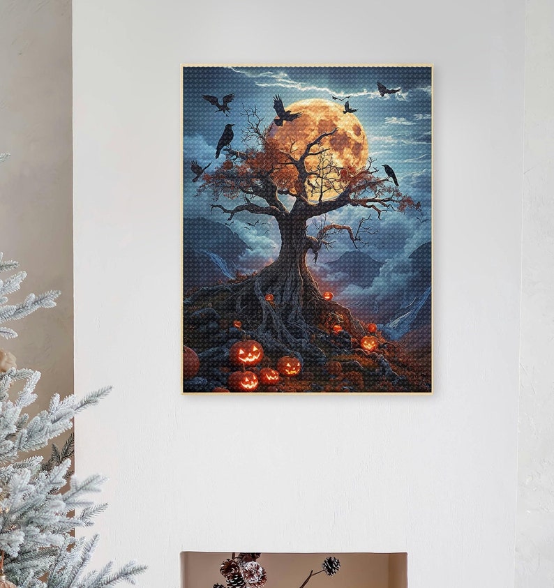 May include: A spooky Halloween-themed painting featuring a bare tree with crows perched on its branches. The tree is silhouetted against a large, full moon. The base of the tree is surrounded by glowing jack-o'-lanterns.