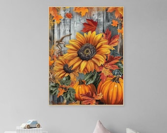 Rustic Fall Diamond Art Painting Kits for Adults,Pumpkin Still Life Painting,Vintage Autumn Wall Decor,  Sunflower Autumn Thanksgiving Print