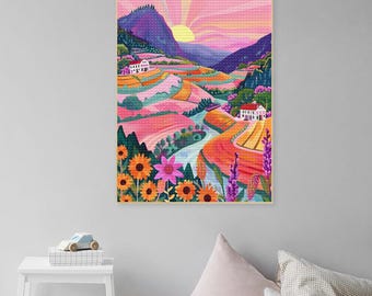 Abstract Mountain Sun Floral Full Drill Diamond Art Painting Kits Sun Landscape Cross Stitch Embroidery Gem,Colorful Landscape Wall Art
