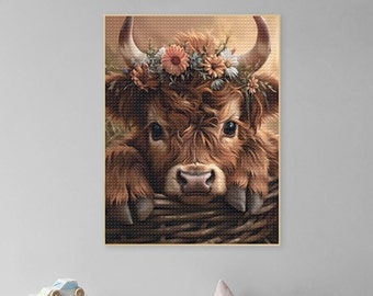 Full Drill Diamond Painting Kits Highland Cow DIY 5D Diamond Art Adults Diamond Dots Paintings Cross Stitch Gem Highland Cow Farmhouse Decor