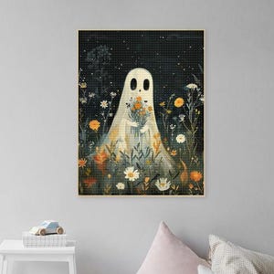 Fall Cute Ghost Floral Diamond Art Painting Kits Adult,Autumn Ghost Flowers Full Drill Embroidery Art Gem,Halloween Ghost Paint Wall Decor