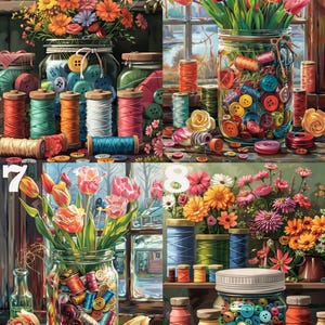 May include: Four jars filled with colorful buttons and spools of thread, each jar is decorated with a bouquet of flowers. The flowers include tulips, daisies, and roses. The jars are sitting on a wooden surface.