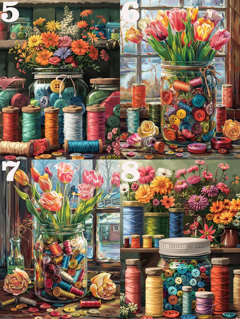 May include: Four jars filled with colorful buttons and spools of thread, each jar is decorated with a bouquet of flowers. The flowers include tulips, daisies, and roses. The jars are sitting on a wooden surface.
