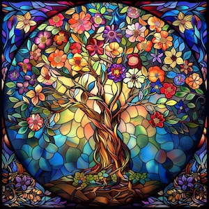 May include: A stained glass window depicting a colorful tree with flowers and leaves. The tree is set against a blue background with a yellow sun shining through the branches.