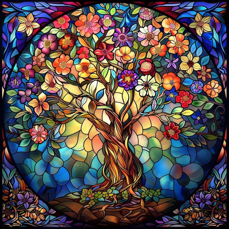 May include: A stained glass window depicting a colorful tree with flowers and leaves. The tree is set against a blue background with a yellow sun shining through the branches.