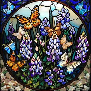 May include: A stained glass window design featuring a circular frame with colorful butterflies and purple flowers. The butterflies are in various shades of blue, orange, and white. The flowers are a vibrant purple with green stems and leaves.