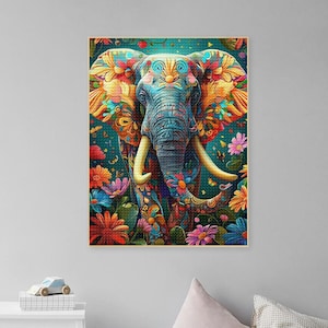 Op de afbeelding: Een kleurrijke illustratie van een olifant met ingewikkelde bloemmotieven en vlinders. De olifant wordt omringd door levendige bloemen in tinten rood, roze, geel en blauw.
