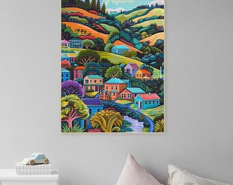 5D Diamond Painting Colorful Village Diamond Art Kit DIY Full Drill Cityscape Whimsical Houses Embroidery Mosaic Cross Stitch Folk Art