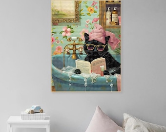 Cozy Black Cat In Bathtub Reading Book Diamond Painting Funny Cat Diamond Art Kit DIY Full Drill Cat Bathroom Wall Art Cat Lovers Gift