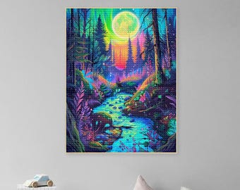 DIY Full Drill 5D Moon Forest Diamond Painting Kits，Moonlight Landscape Diamond Art,Magical Woodland at Night Wall Art,Full Moon above Trees