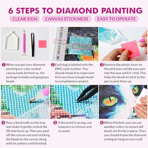 May include: Six steps to diamond painting with clear instructions and images. The steps include preparing the canvas, using the tools, and applying the diamonds. The image shows a close-up of the tools and the diamond painting process.