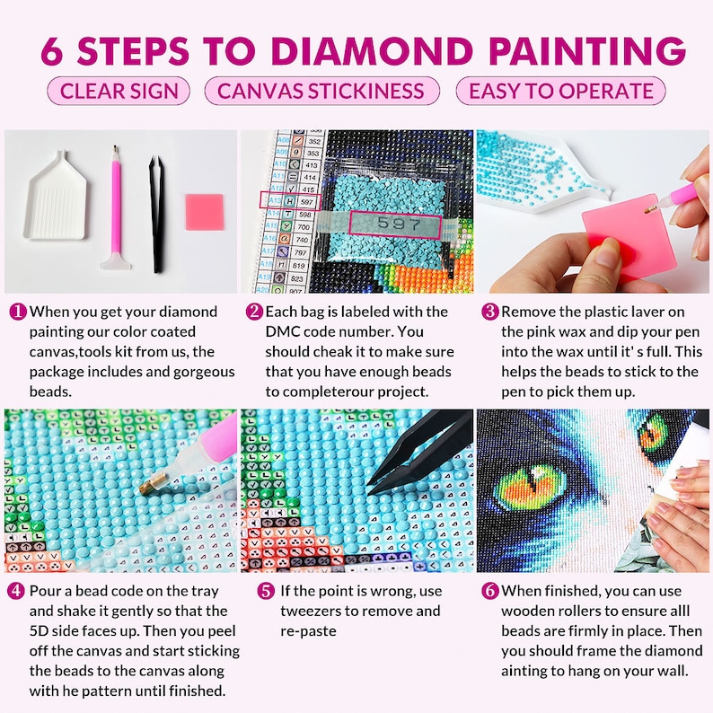 May include: Six steps to diamond painting with clear instructions and images. The steps include preparing the canvas, using the tools, and applying the diamonds. The image shows a close-up of the tools and the diamond painting process.