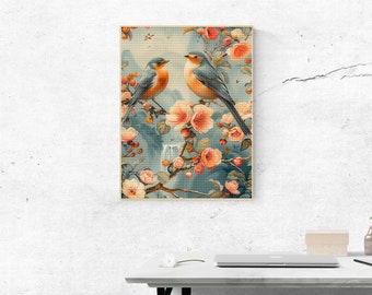 May include: Two bluebirds with orange breasts perched on a branch of pink blossoms. The birds are facing each other and the background is a blue watercolour wash with a waterfall.