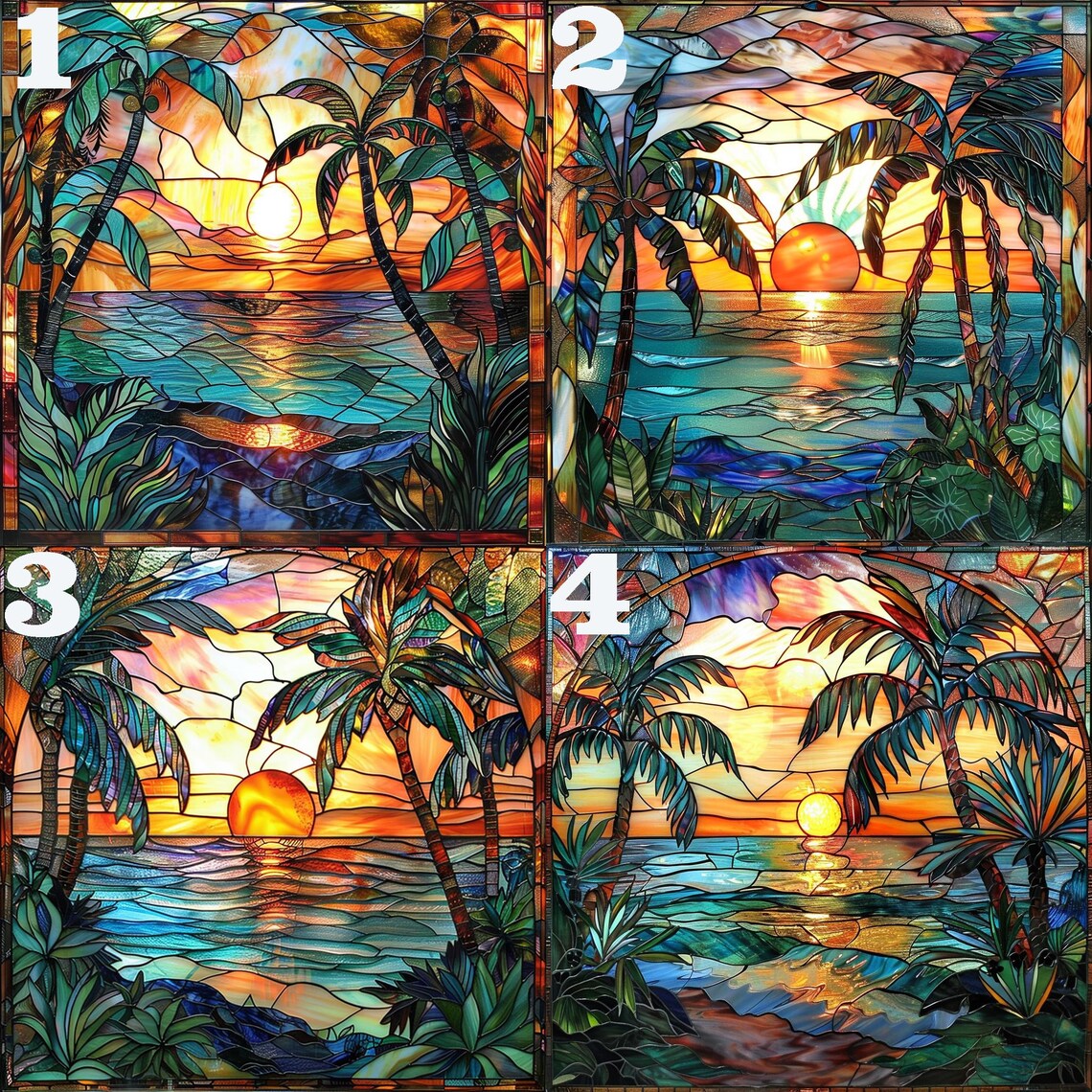 Stained Glass Sunset Palm Tree Diamond Painting,5d DIY Tropical Beach ...
