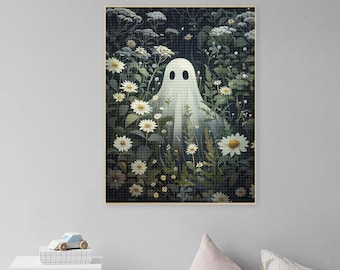 Halloween Ghost Diamond Art Painting Kits Adult,Cute Ghost Daisy Wall Art Gem,Spooky Wildflower Ghost Painting,Halloween Gift Wall Decor