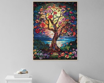 Stained Glass Life Of Tree Diamond Painting,5D DIY Full square/round Drill Life Of Tree Rhinestone Art Canvas Painting Life Of Tree Wall Art