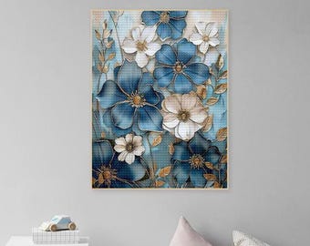 Full Drill Blue Flower Diamond Painting Art Kit for Adults Gift DIY Flowers Cross Stitch Embroidery Mosaic Rhinestone Flower Dots Gem Arts