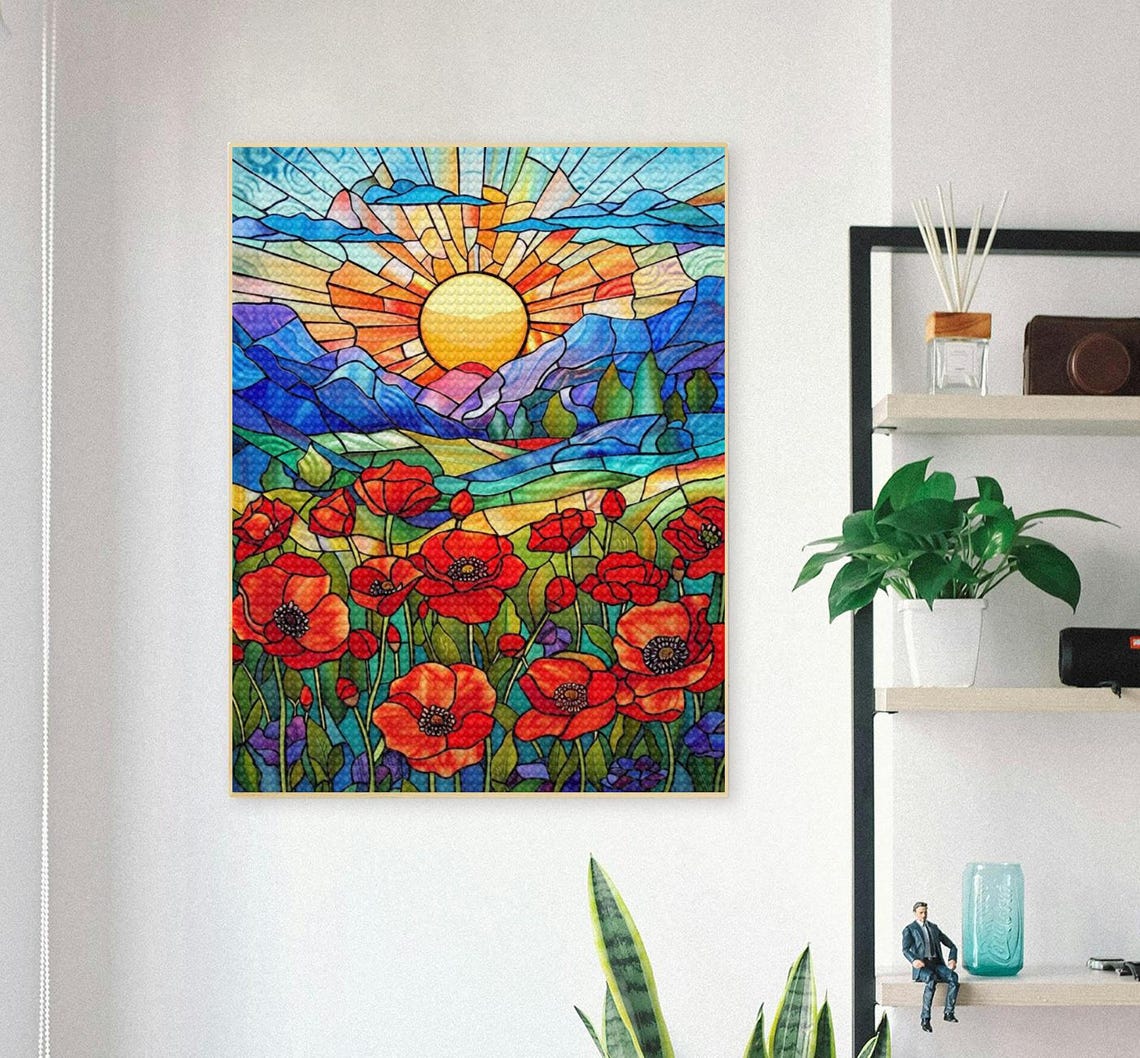 5D DIY Full Drill Stained Glass Red Poppies Diamond Painting Kits for ...