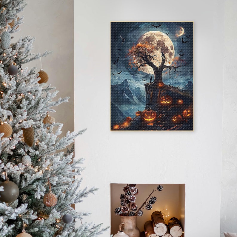 May include: A digital painting of a spooky Halloween scene with a large, full moon, a bare tree on a cliff, and a group of jack-o'-lanterns glowing in the dark.
