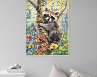 Full Round/Square Drill Diamond Painting Kits Raccoon Floral DIY 5D Diamond Art Adults Raccoon Diamond Dot Gem Canvas Paint Raccoon Wall Art