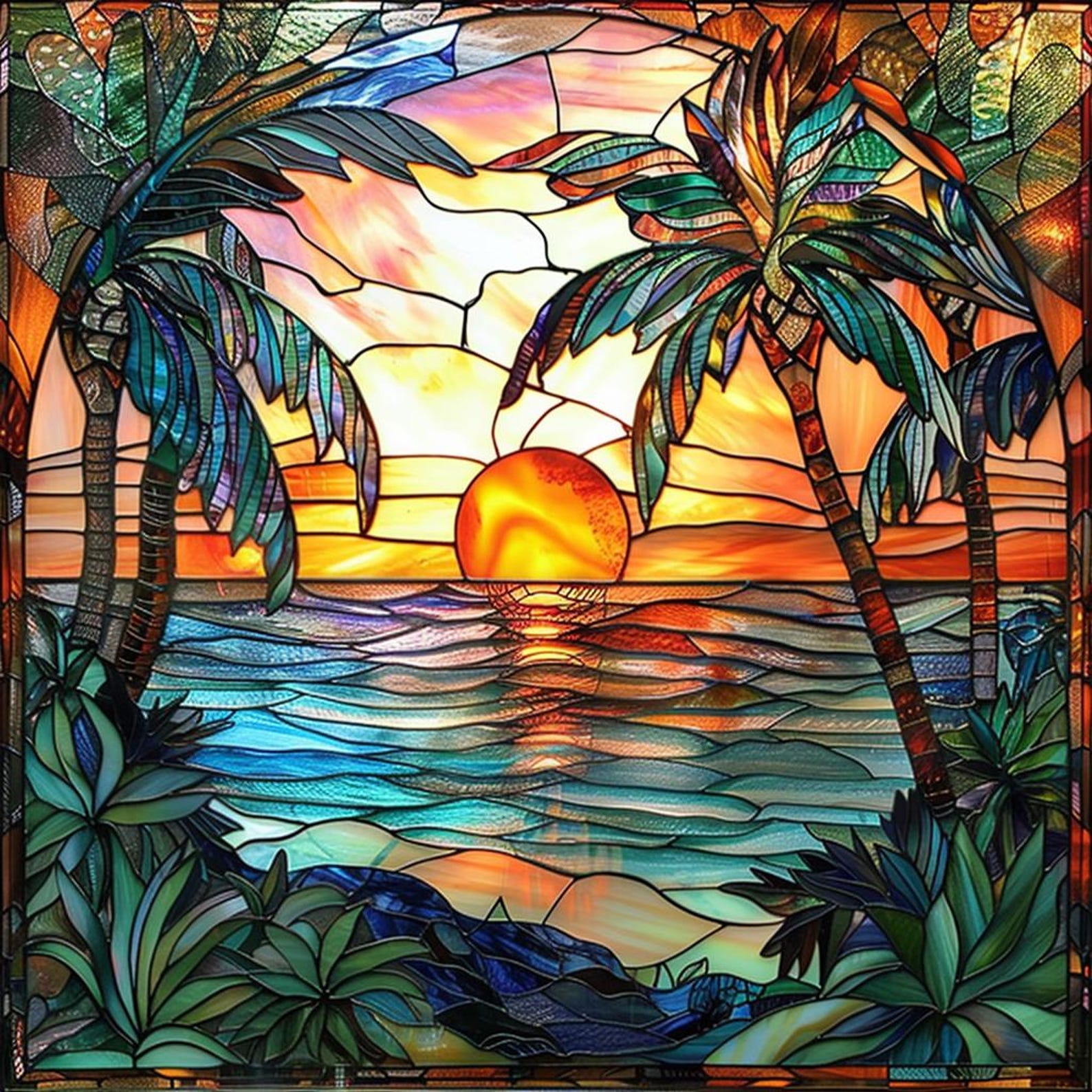 Stained Glass Sunset Palm Tree Diamond Painting,5d DIY Tropical Beach ...
