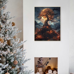 May include: A digital painting of a spooky Halloween scene with a gnarled tree growing out of a pile of jack-o'-lanterns. The tree is silhouetted against a full moon, and there are bats flying around it.