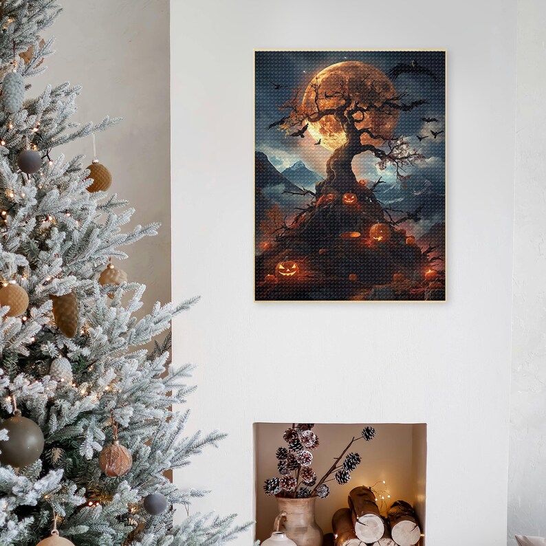 May include: A digital painting of a spooky Halloween scene with a gnarled tree growing out of a pile of jack-o'-lanterns. The tree is silhouetted against a full moon, and there are bats flying around it.