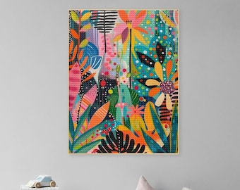 May include: A colourful abstract painting featuring a variety of flowers and leaves in shades of pink, orange, yellow, blue, green, and black. The painting has a textured, almost pixelated look.