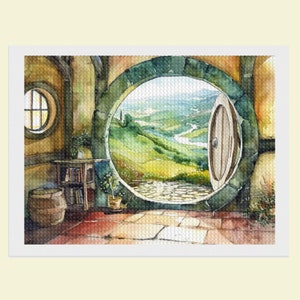 May include: Watercolor painting of a hobbit hole interior with a round doorway and window. The doorway opens to a scenic landscape of rolling green hills and a winding river. The interior features a wooden barrel, a small table with books, and a tiled floor.